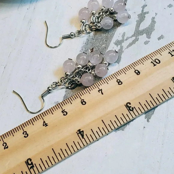 Rose Quartz Pink Gemstone Bead Dangle Silver Platinum Plated Earrings - Picture 10 of 10